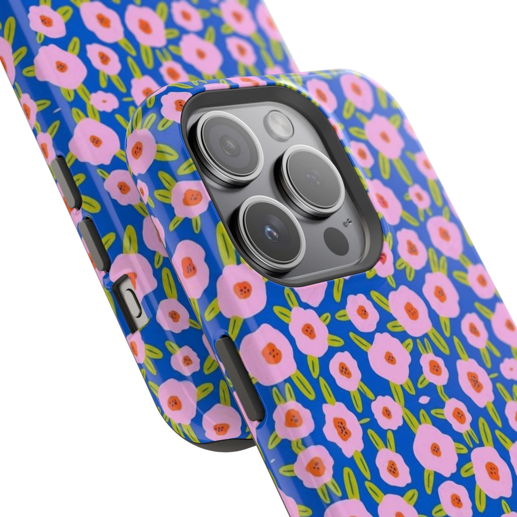 Bright Blue & Pink Floral Phone Case- Magsafe